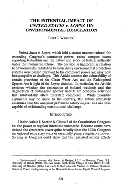 POTENTIAL IMPACT of UNITED STATES V. LOPEZ on ENVIRONMENTAL REGULATION