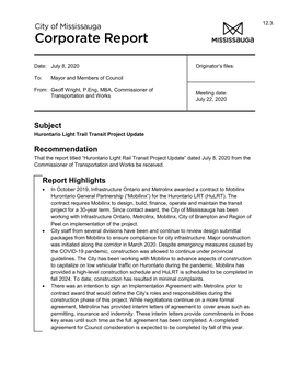 Hurontario Light Rail Transit Project Update” Dated July 8, 2020 from the Commissioner of Transportation and Works Be Received