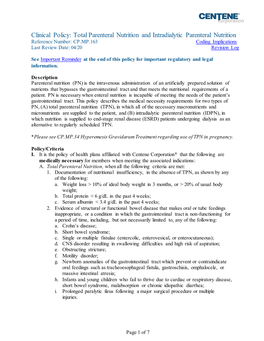 Clinical Policy: Total Parenteral Nutrition And