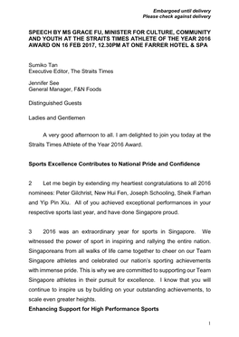 Speech by Minister Grace Fu at the Straits Times Athlete of the Year