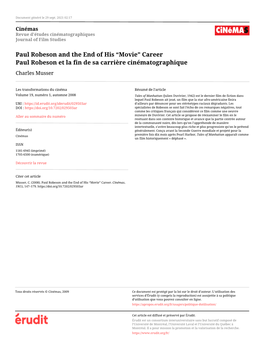 Paul Robeson and the End of His “Movie” Career Paul Robeson Et La Fin De Sa Carrière Cinématographique Charles Musser