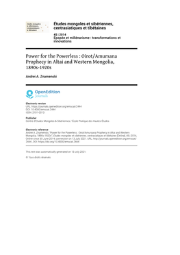 Études Mongoles Et Sibériennes, Centrasiatiques Et Tibétaines, 45 | 2014 Power for the Powerless : Oirot/Amursana Prophecy in Altai and Western Mongol