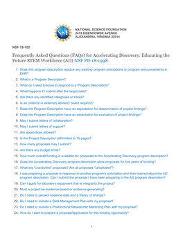 Frequently Asked Questions (Faqs) for Accelerating Discovery: Educating the Future STEM Workforce (AD) NSF PD 18-1998
