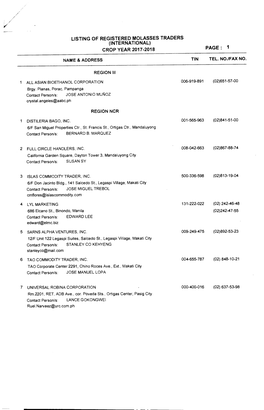 Listing of Registered Molasses Traders (International) Crop Year 2017-2018 Page : 1