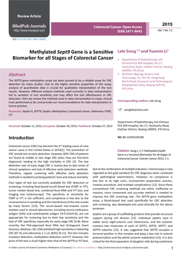 Methylated Sept9 Gene Is a Sensitive Biomarker for All Stages Of