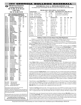 2014 GEORGIA BULLDOG BASEBALL 1990 National Champions GEORGIA (2-6) Vs