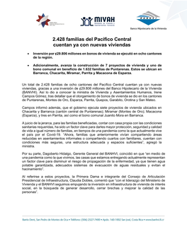 2.428 Familias Del Pacífico Central Cuentan Ya Con Nuevas Viviendas