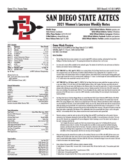 SAN DIEGO STATE AZTECS 2021 Women’S Lacrosse Weekly Notes