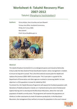 Worksheet 4: Takahē Recovery Plan 2007-2012 Takahē (Porphyrio Hochstetteri)