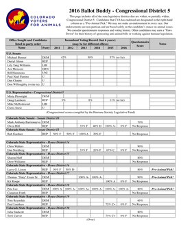 2016 Ballot Buddy - Congressional District 5 This Page Includes All of the State Legislative Districts That Are Within, Or Partially Within, Congressional District 5