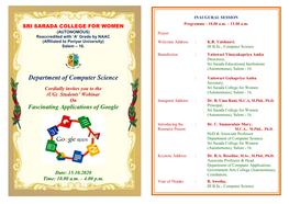 Department of Computer Science : Yatiswari Guhapriya Amba Secretary, Cordially Invites You to the Sri Sarada College for Women (Autonomous), Salem - 16