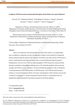 Graphene-VP40 Interactions and Potential Disruption of the Ebola Virus Matrix Filaments