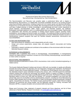 Postdoctoral Fellow Recruitment Opportunity Neurophysiology / Bioengineering / Neurorehabilitation the Neuromodulation and Recov