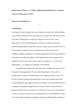 Final Version: O'brien, LF (1996), 'Solipsism and Self-Reference'