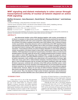 WNT Signaling and Distant Metastasis in Colon Cancer Through Transcriptional Activity of Nuclear Β-Catenin Depend on Active PI3K Signaling