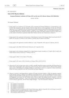 European Parliament Resolution of 10 June 2015 on the State of EU-Russia Relations (2015/2001(INI)) (2016/C 407/04)