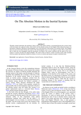 On the Absolute Motion in the Inertial Systems