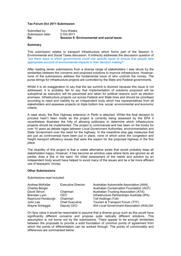 Tony Weeks Submission Date: 2 Oct 2011 Re: Session 5: Environmental and Social Taxes