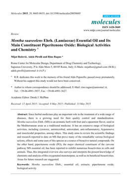 (Lamiaceae) Essential Oil and Its Main Constituent Piperitenone Oxide: Biological Activities and Chemistry †