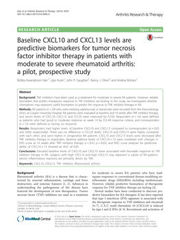 Baseline CXCL10 and CXCL13 Levels Are Predictive Biomarkers for Tumor Necrosis Factor Inhibitor Therapy in Patients with Moderat