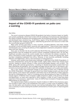 Impact of the COVID-19 Pandemic on Polio Care: a Warning