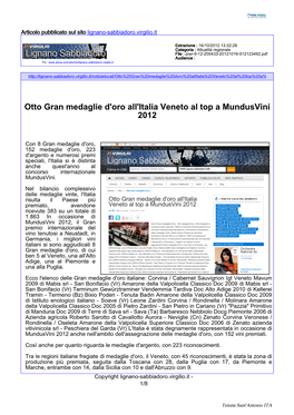 Otto Gran Medaglie D'oro All'italia Veneto Al Top a Mundusvini 2012