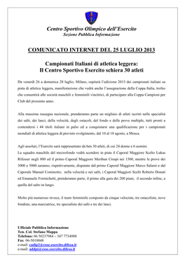 Centro Sportivo Olimpico Dell'esercito COMUNICATO INTERNET DEL 25