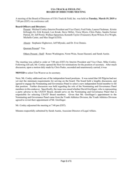 March 19, 2019 at 7:00 Pm (EST) Via Conference Call