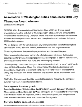 Association of Washington Cities Announces 2018 Gity Ghampion Award Winners Gontact: Emma Shepard
