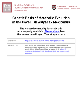 Genetic Basis of Metabolic Evolution in the Cave Fish Astyanax Mexicanus