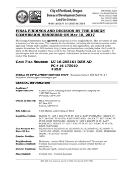 Final Findings and Decision by the Design Commission Rendered on May 18, 2017