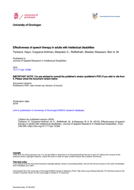 Effectiveness of Speech Therapy in Adults with Intellectual Disabilities Terband, Hayo; Coppens-Hofman, Marjolein C.; Reffeltrath, Maaike; Maassen, Ben A