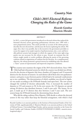 S 2015 Electoral Reform: Changing the Rules of the Game Ricardo Gamboa Mauricio Morales
