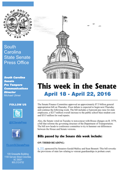 This Week in the Senate Director Michael Ulmer April 18 - April 22, 2016