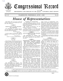 Congressional Record United States Th of America PROCEEDINGS and DEBATES of the 111 CONGRESS, FIRST SESSION