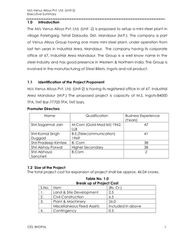 1.0 Introduction the M/S Venus Alloys Pvt. Ltd. (Unit �2) Is Proposed to Setup a Mini Steel Plant in Village Fatehgarg, Tehsil Dalauda, Dist