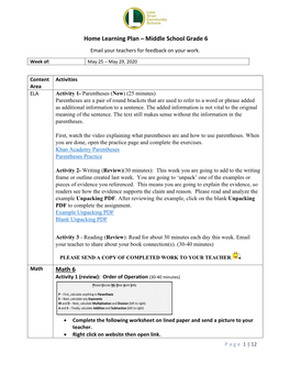 Home Learning Plan – Middle School Grade 6 Math 6