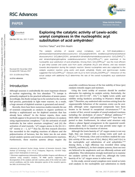 Exploring the Catalytic Activity of Lewis-Acidic Uranyl Complexes in the Nucleophilic Acyl Substitution of Acid Anhydrides