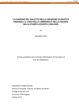 La Funzione Del Dialetto Nella Creazione Di Identità Nazionali. Il Caso Della Lombardia E Della Padania Nella Stampa Leghista (1984-2009)