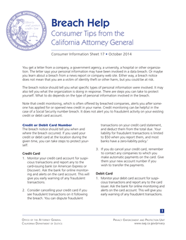 Breach Help Consumer Tips from the California Attorney General