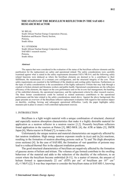 The Status of the Beryllium Reflector in the Safari-1 Research Reactor