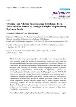 Thymine- and Adenine-Functionalized Polystyrene Form Self-Assembled Structures Through Multiple Complementary Hydrogen Bonds