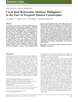 Coral Reef Restoration (Bolinao, Philippines) in the Face of Frequent Natural Catastrophes
