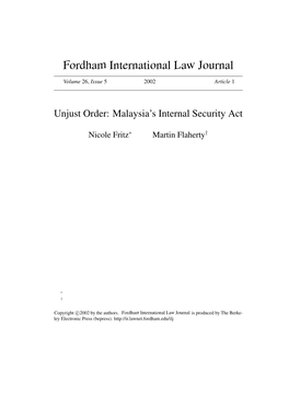 Unjust Order: Malaysia's Internal Security Act