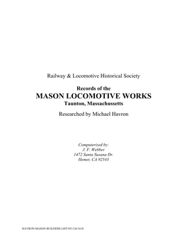 MASON LOCOMOTIVE WORKS Taunton, Massachussetts