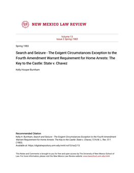 The Exigent Circumstances Exception to the Fourth Amendment Warrant Requirement for Home Arrests: the Key to the Castle: State V