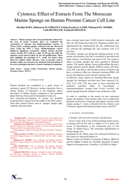 Cytotoxic Effect of Extracts from the Moroccan Marine Sponge on Human Prostate Cancer Cell Line