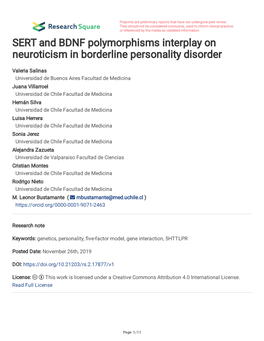 SERT and BDNF Polymorphisms Interplay on Neuroticism in Borderline Personality Disorder