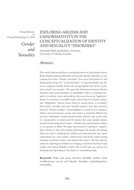 Gender and SEXUALITY “DISORDERS” and Alexandre Baril and Kathryn Trevenen Sexuality University of Ottawa, Canada Abstract