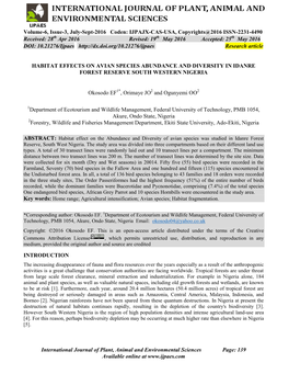 Habitat Effects on Avian Species Abundance and Diversity in Idanre Forest Reserve South Western Nigeria